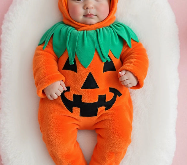 Infant Halloween Costume Set with Long Sleeve Pumpkin Romper Footed Jumpsuit and Matching Hat for Baby Girl