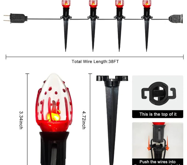 38Ft Halloween Pathway Lights C9 Flickering Flame String Lights with Stakes Waterproof Patio String Lights with 25 Flicker Ligh