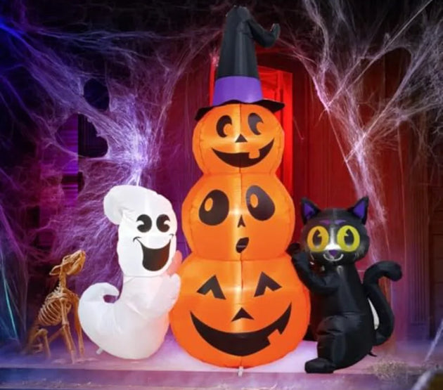 6 FT Halloween Inflatables Pumpkin Stack with Ghost and Black Cat Outdoor Decorations Featuring Builtin LED Lights for Spooky A