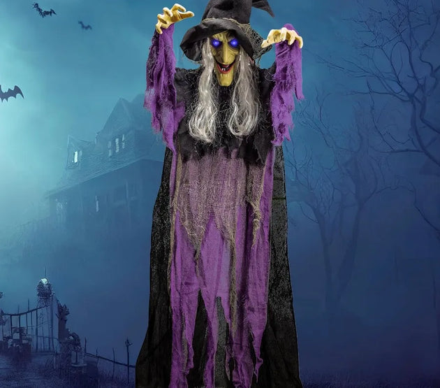 JOYIN 72 Halloween Hanging Witch Decorations Outdoor Flying Talking Ghost Decor Light Up Eyes Sound Activated Outside Indoor Ha