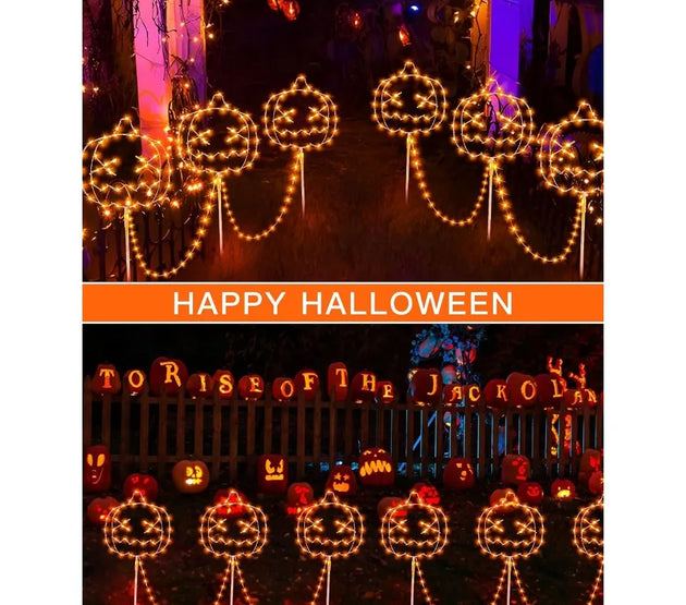 Halloween Garden Lights for Outside 3 Pack Orange Halloween Light Plug in Timer 8 Modes Pumpkin Lights with Stake Outdoor Water
