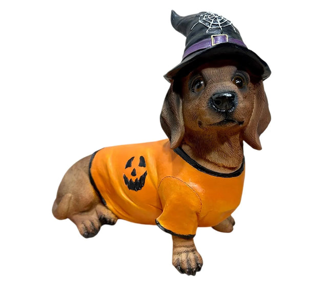 Halloween Dachshund Witch Hat Pumpkin Costume Dog Statue - Unique Resin Pet Decor for Spooky Gifts & Party Themes