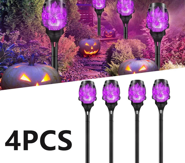 4pcs Skull-Shaped Solar-Powered Night Light Flame Torch Light Waterproof Garden Outdoor Lawn Decoration Lamp Halloween LED Lamps