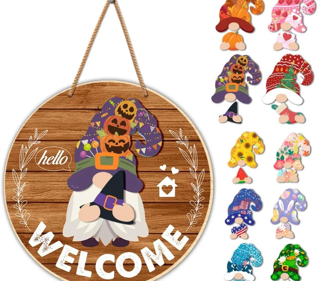 Interchangeable Gnome Welcome Sign Halloween Door Decorations Summer Fall Changeable Wooden Gnomes Front Porch Decor Wall Hangin