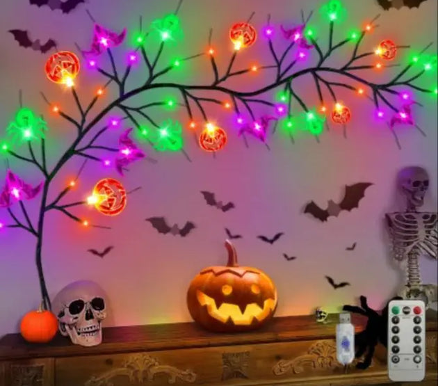 1.8m 54 LED Halloween Black Willow Vine String Lights With Bat Spider Pumpkin Decorative Lamp For Home Room Yard Halloween Decor