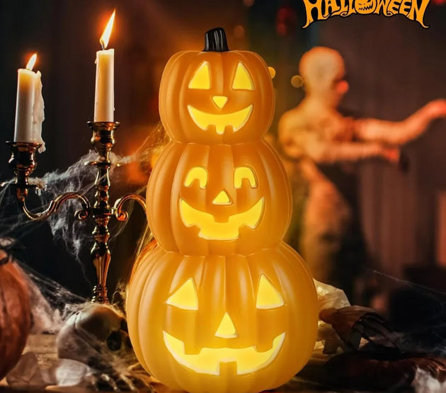 3 Stacked Halloween Pumpkin Lanterns Light Decor with 7 Color Cycle LED Light for Indoor Outdoor Festival Party Decoration Clas