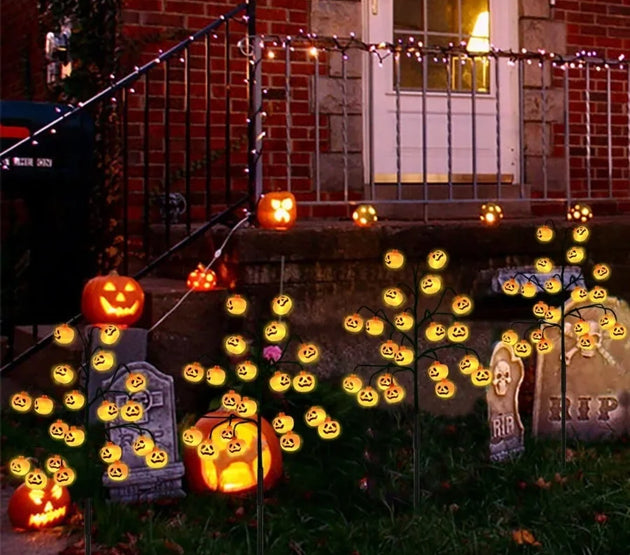 4 Pack 80 LED Halloween Solar Pumpkin Stake Lights for Outdoor Halloween Decorations Orange Jack O Lantern Pumpkins Solar Pathw