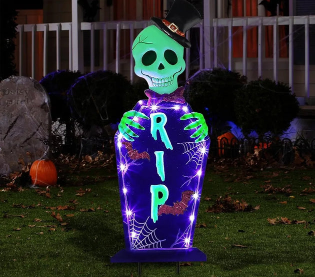 Joliyoou Halloween Yard Stake 26.4 Solar Lighted Metal Tombstone with Glow in The Dark Ghosts 18 LED Purple Lights Spooky Yard