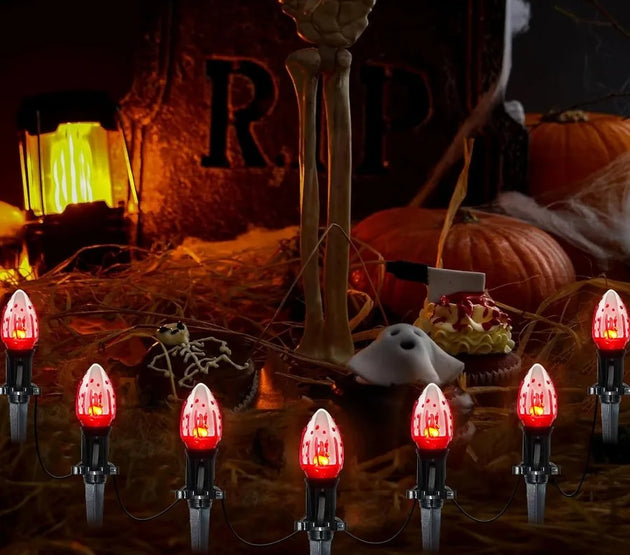 38Ft Halloween Pathway Lights C9 Flickering Flame String Lights with Stakes Waterproof Patio String Lights with 25 Flicker Ligh
