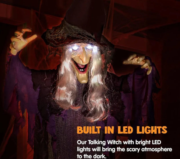 JOYIN 72 Halloween Hanging Witch Decorations Outdoor Flying Talking Ghost Decor Light Up Eyes Sound Activated Outside Indoor Ha