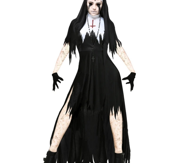 Halloween Costume with Hat Gloves Vampire Demon Costume Cross Print Long Dress Party Costume Women Nun Costume Cosplay Costumes