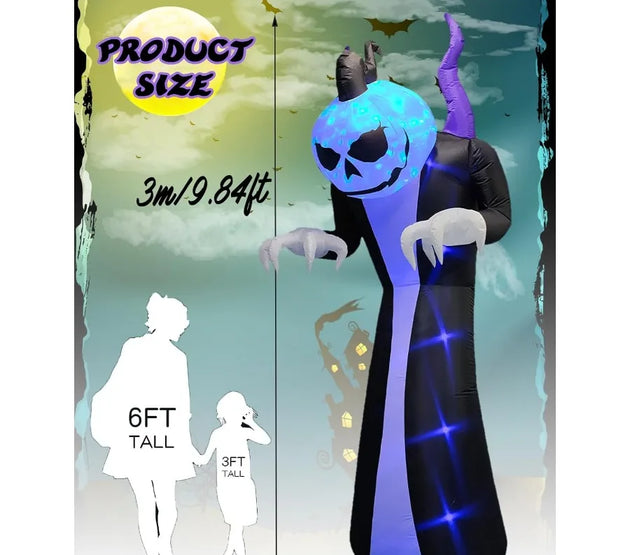 10FT Height Halloween Inflatables Outdoor Pumpkin Head Ghost Blow Up Yard Decoration Clearance with LED for Halloween Party Ind