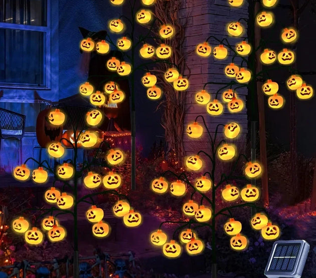 4 Pack 80 LED Halloween Solar Pumpkin Stake Lights for Outdoor Halloween Decorations Orange Jack O Lantern Pumpkins Solar Pathw