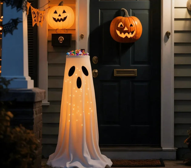 Halloween Lighted White Cloth Ghost Candy Bowl Indoor & Outdoor Decor Kit Scary Standing Ghosts Decor for Front Door Porch Yard