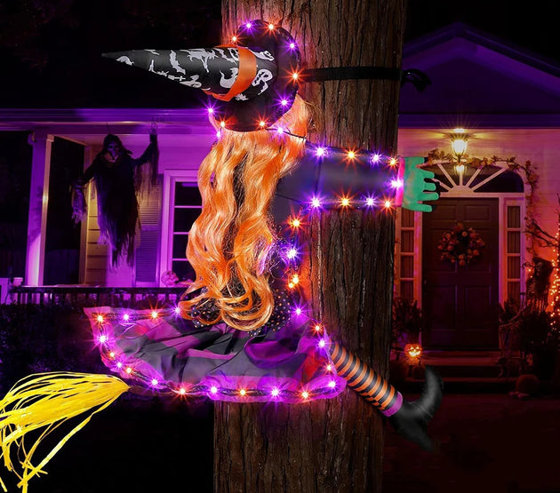 Halloween Crashing Witch into Tree Halloween Outdoor Decoration 2 Mode With Light Flying Witch Lawn Patio Tree Garden Decoration