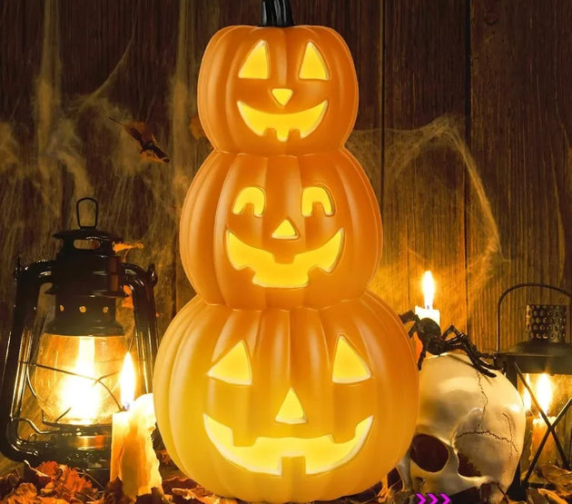 3 Stacked Halloween Pumpkin Lanterns Light Decor with 7 Color Cycle LED Light for Indoor Outdoor Festival Party Decoration Clas