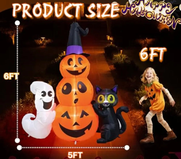 6 FT Halloween Inflatables Pumpkin Stack with Ghost and Black Cat Outdoor Decorations Featuring Builtin LED Lights for Spooky A