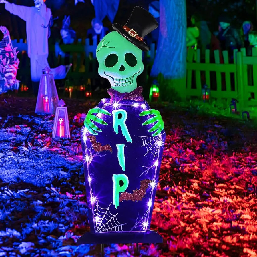 Joliyoou Halloween Yard Stake 26.4 Solar Lighted Metal Tombstone with Glow in The Dark Ghosts 18 LED Purple Lights Spooky Yard