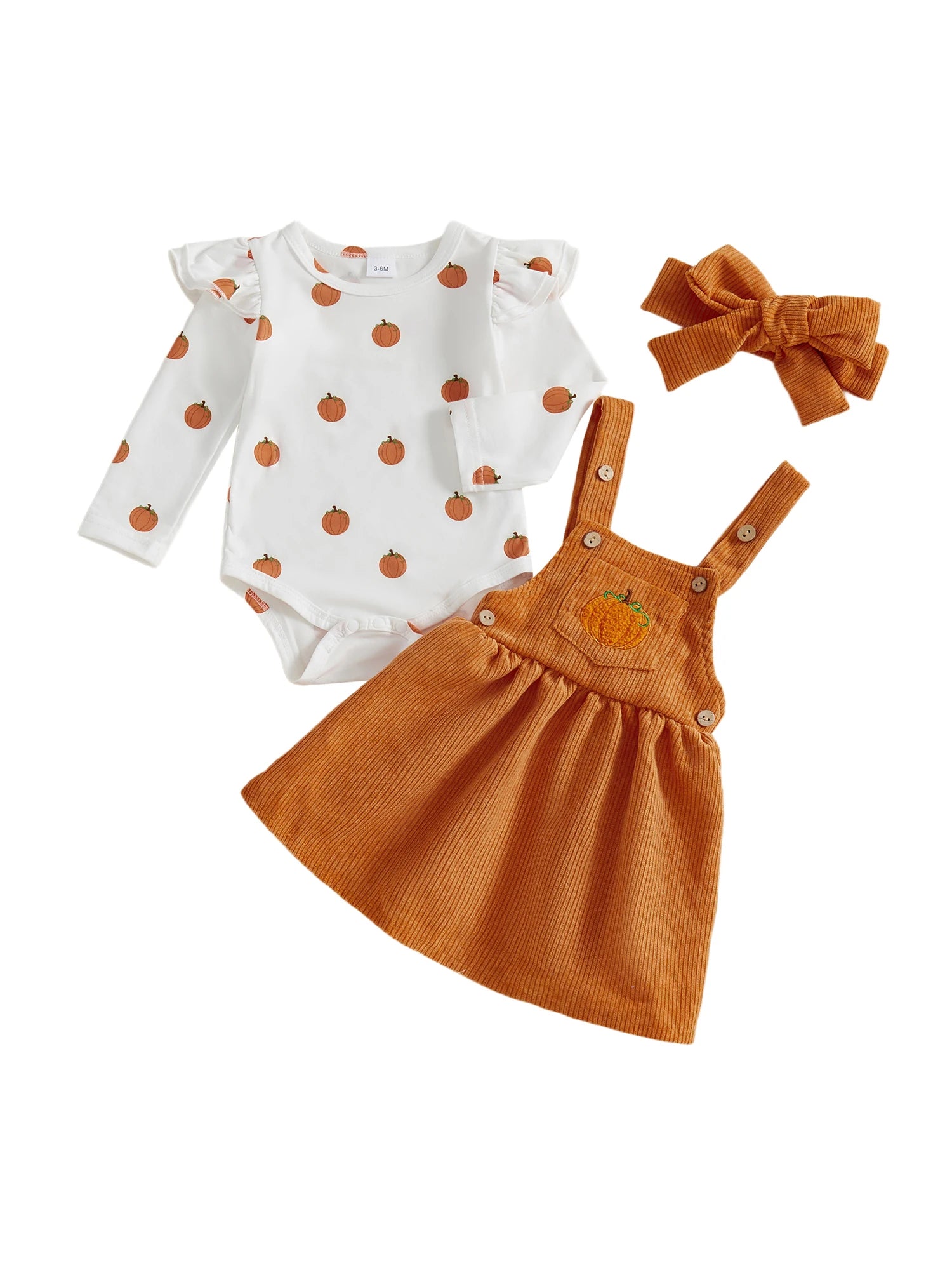 Adorable Toddler Girls Halloween Costume Set with Pumpkin Print Romper Suspender Dress and Headband - 3 Piece Outfit for Fall