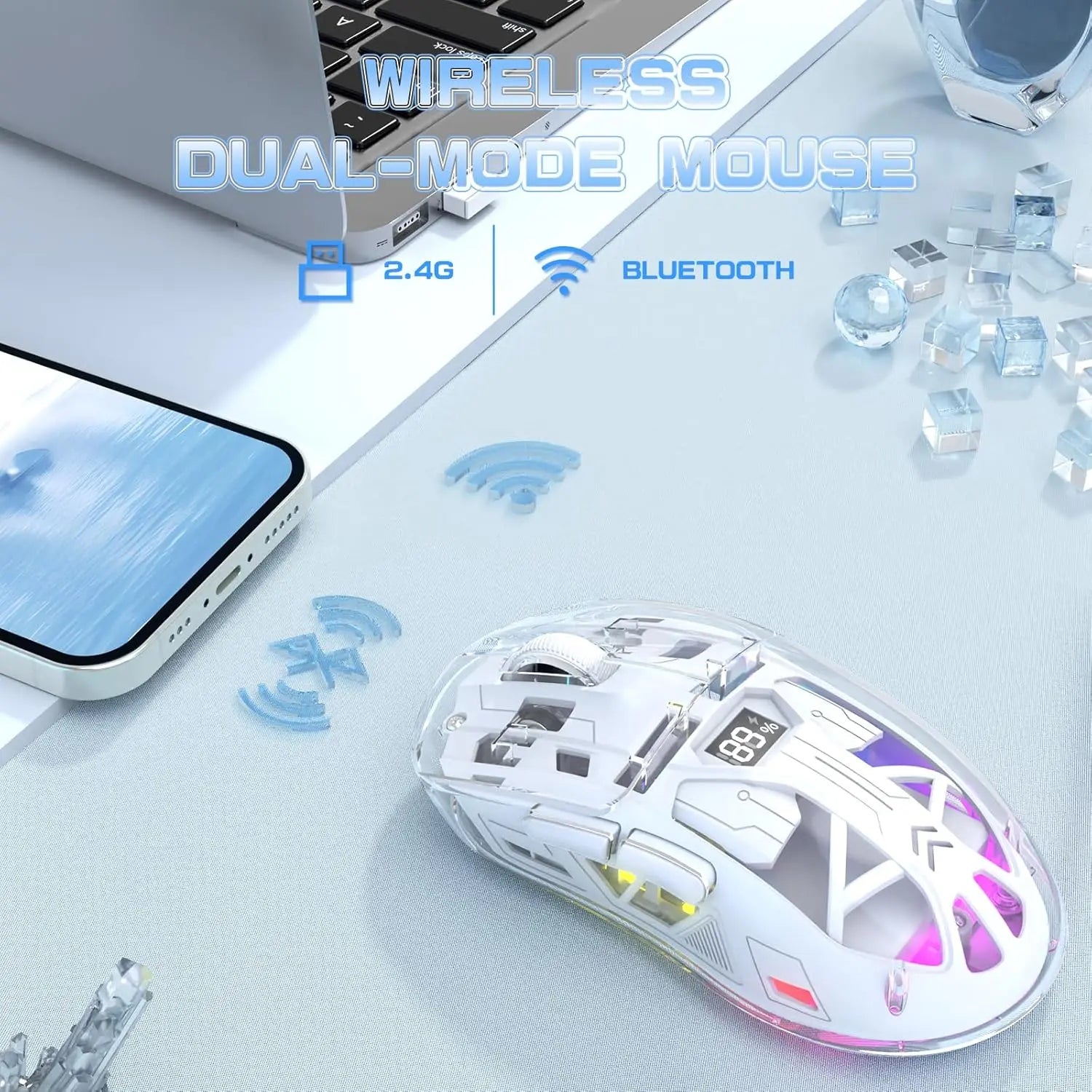 MAMBASNAKE x Freewolf A2 Transparent Wireless Gaming Mouse,Dual Mode BT 5.0/2.4G PC Gaming Mice