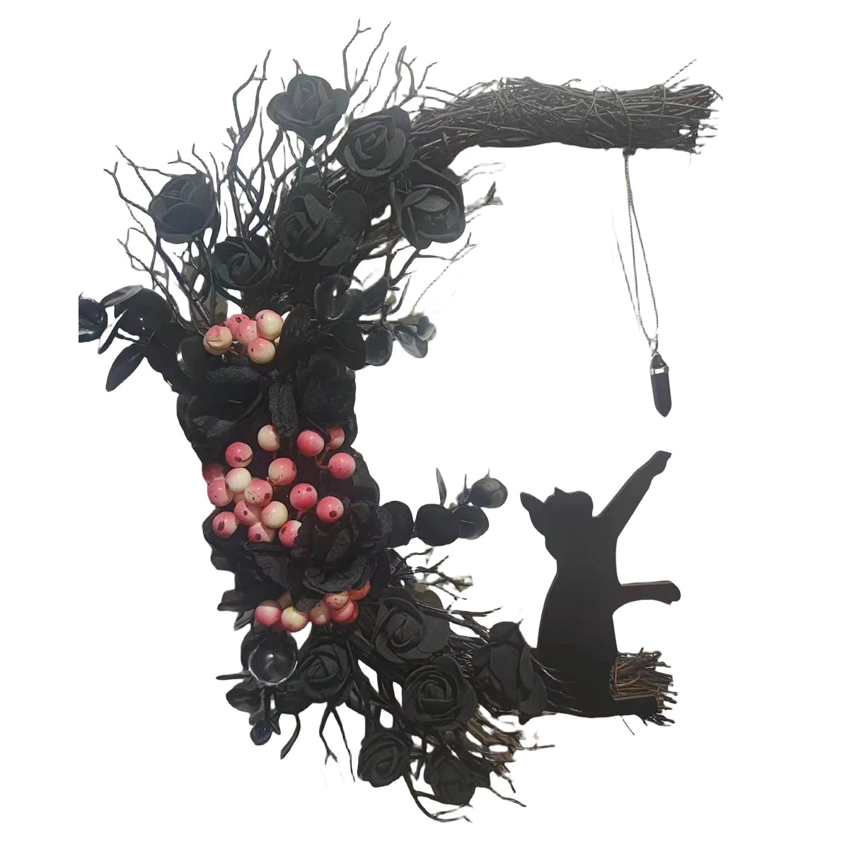 Halloween Moon Cat Wreath, 11.81 Inch Moon Shape Artificial Flower Wreath with Cat, Halloween Wreath for Front Door Wall