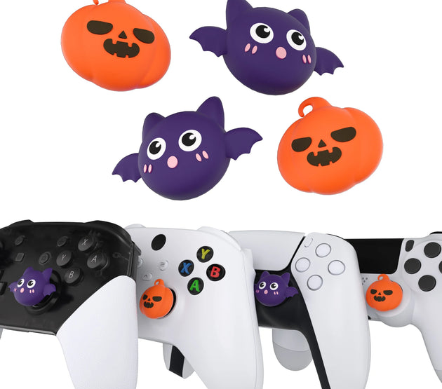 PlayVital Thumb Grip Caps for ps5/ps4, Thumbstick Cover for Switch Pro, for Xbox Series X/S & Xbox One - Halloween Pumpkin Bat