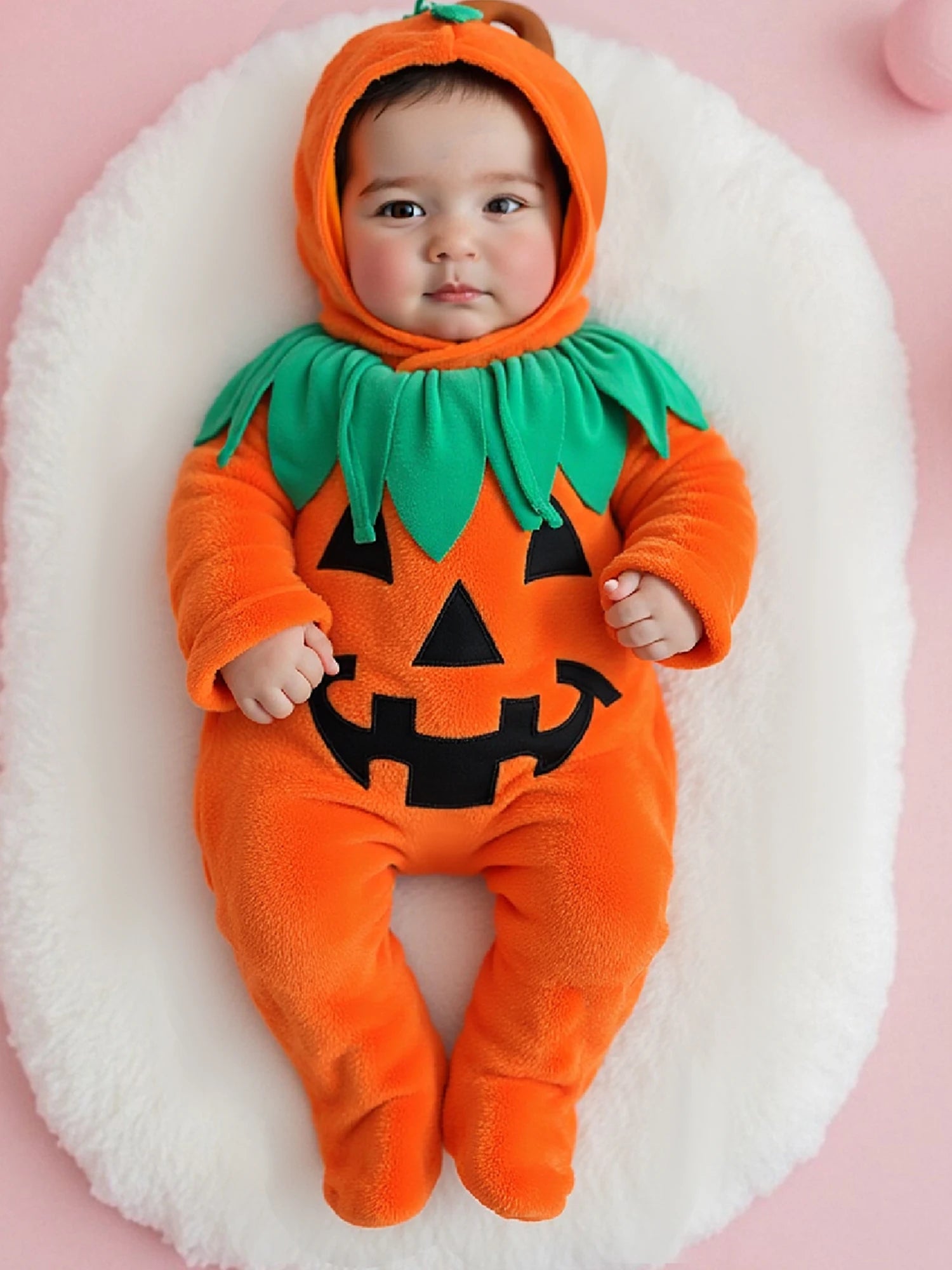 Infant Halloween Costume Set with Long Sleeve Pumpkin Romper Footed Jumpsuit and Matching Hat for Baby Girl