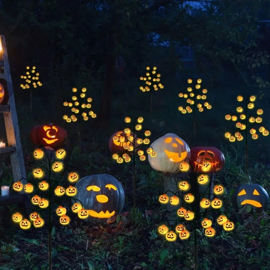 4 Pack 80 LED Halloween Solar Pumpkin Stake Lights for Outdoor Halloween Decorations Orange Jack O Lantern Pumpkins Solar Pathw