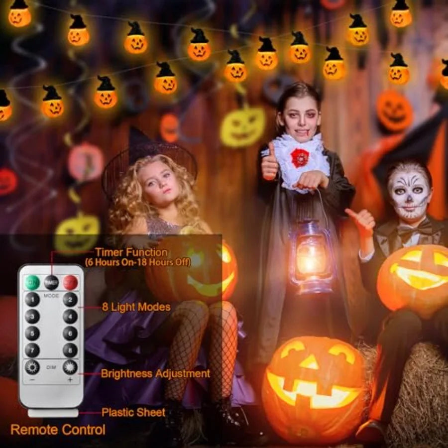 Halloween Pumpkin String Lights with Witch Hat 20 LED 16.4FT 8 Modes Timer 3D Waterproof Orange JackOLantern Battery Operated F