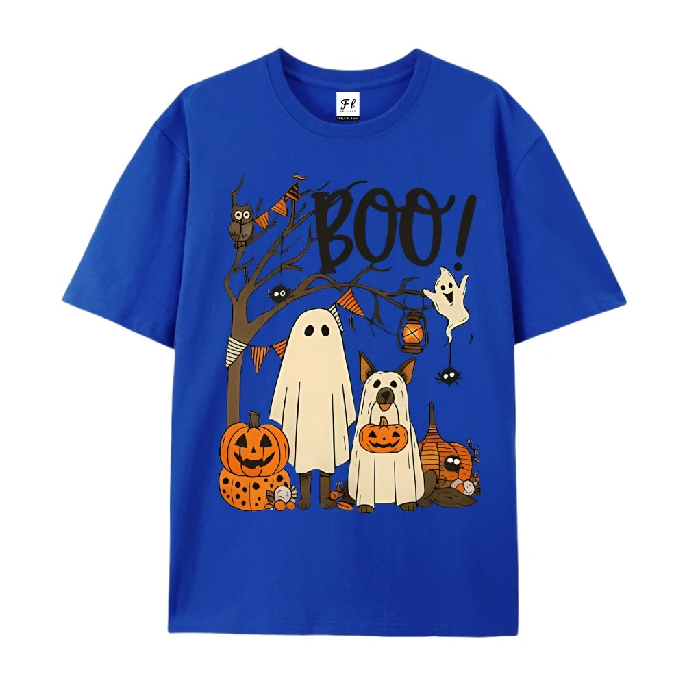 Halloween Cute Ghost Pumpkin T-shirt Funny Dog Graphic Tees Summer Breathable Women’s Cotton Fashion O-Neck Short Sleeve Tops