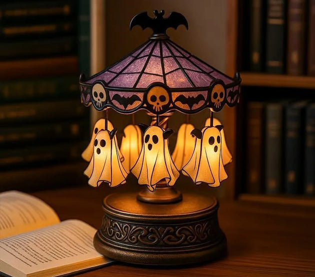 Halloween Ghost Carousel Ghost Night Light Up Kit Rechargeable Vintage Carousel Decorations Stained Glass Carousel For Bedroom