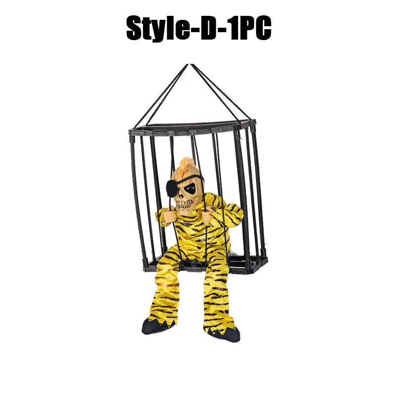 Halloween Decoration Prisoner Ghost In Cage Scary Skull Prop Electric Skeleton Toy Glowing Eye Sound Doll Hangable Talking Ghost
