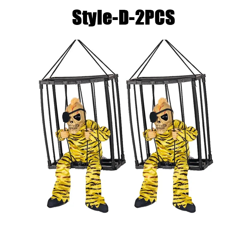 Halloween Decoration Prisoner Ghost In Cage Scary Skull Prop Electric Skeleton Toy Glowing Eye Sound Doll Hangable Talking Ghost