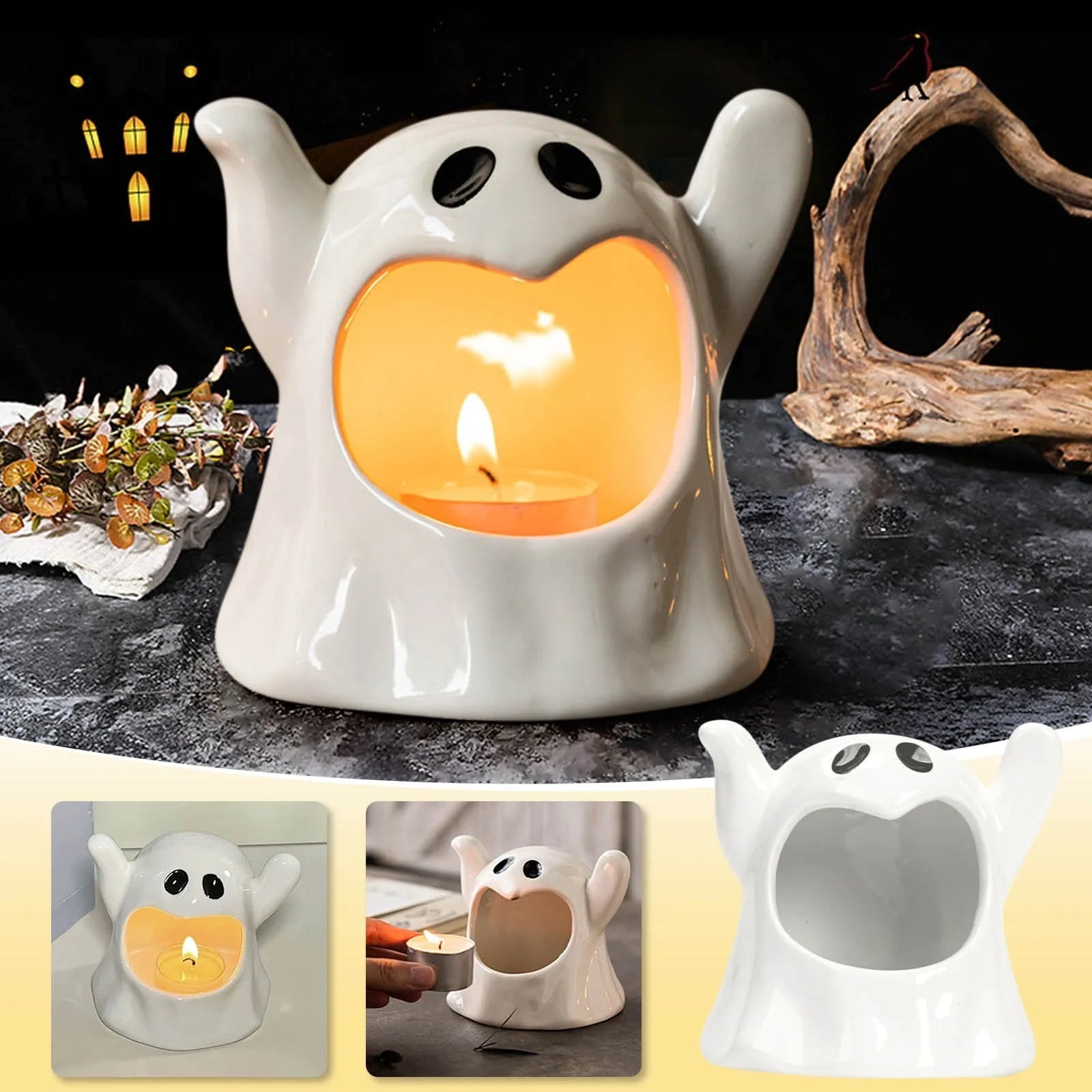 4.3" Halloween Ceramic Ghost Candle - Glowing Tealight for Cozy Holiday Decor