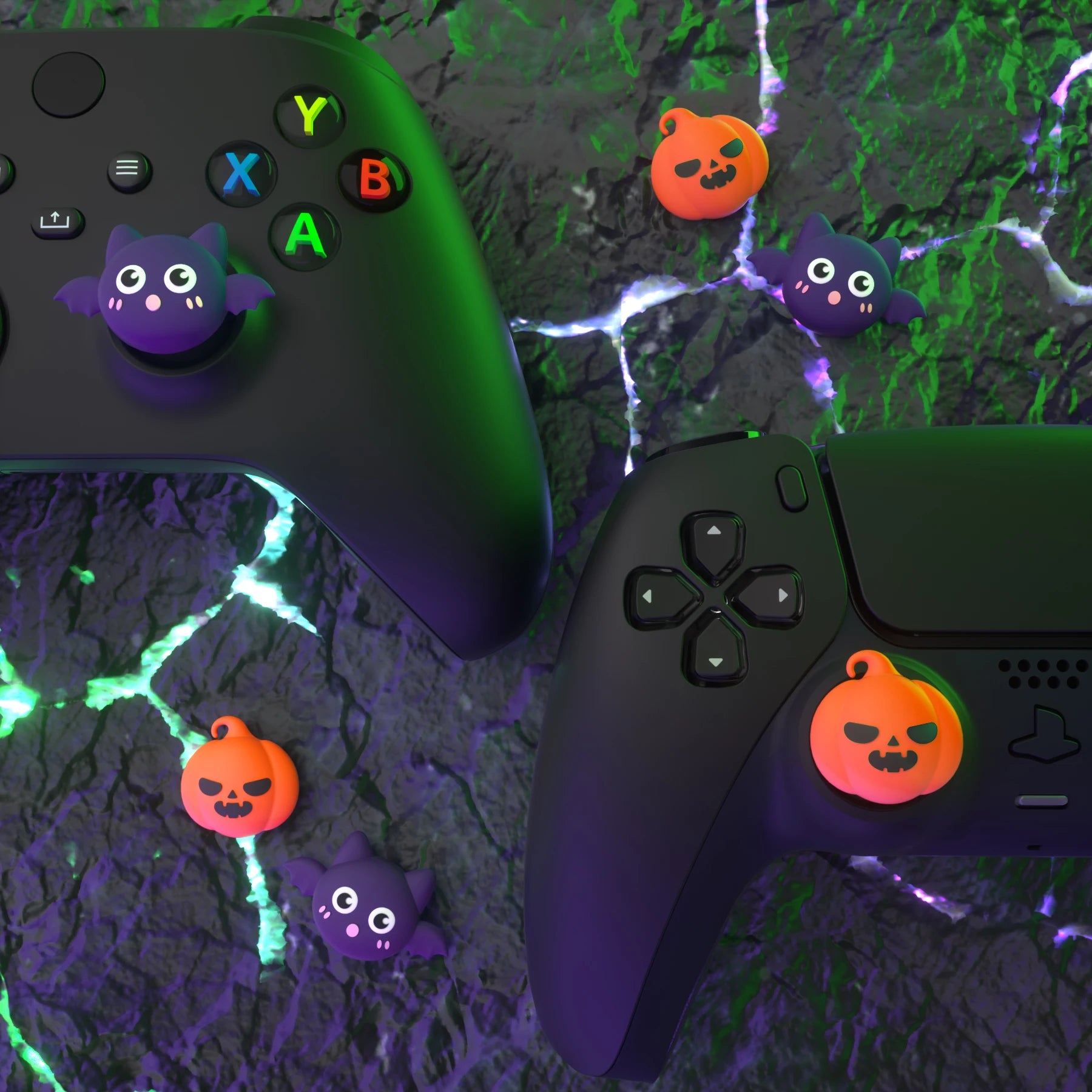 PlayVital Thumb Grip Caps for ps5/ps4, Thumbstick Cover for Switch Pro, for Xbox Series X/S & Xbox One - Halloween Pumpkin Bat