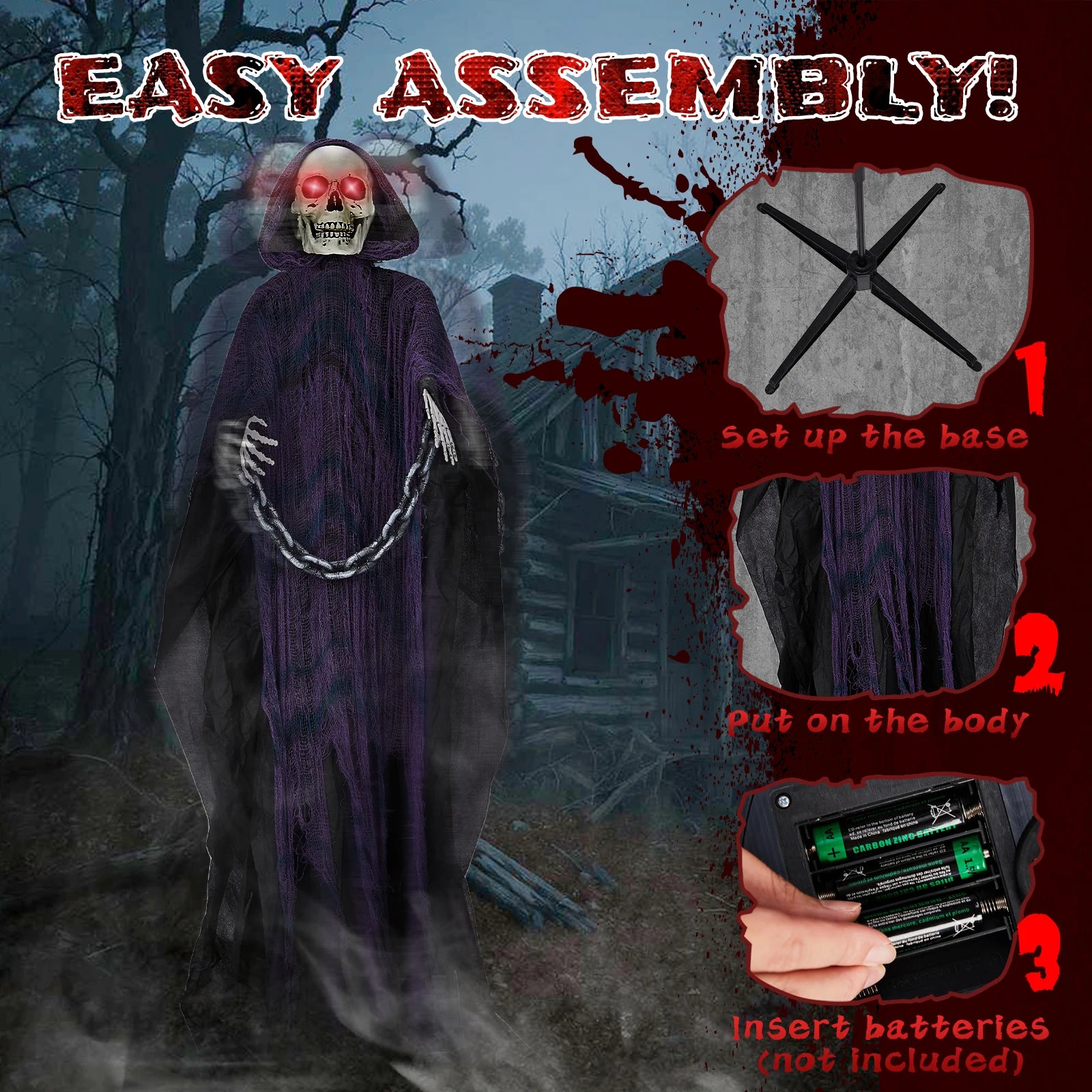 6ft Halloween Decorations Outdoor Life Size Animatronics Grim Reaper with Chain, Sound-Actived Party Decor with Creepy Sound
