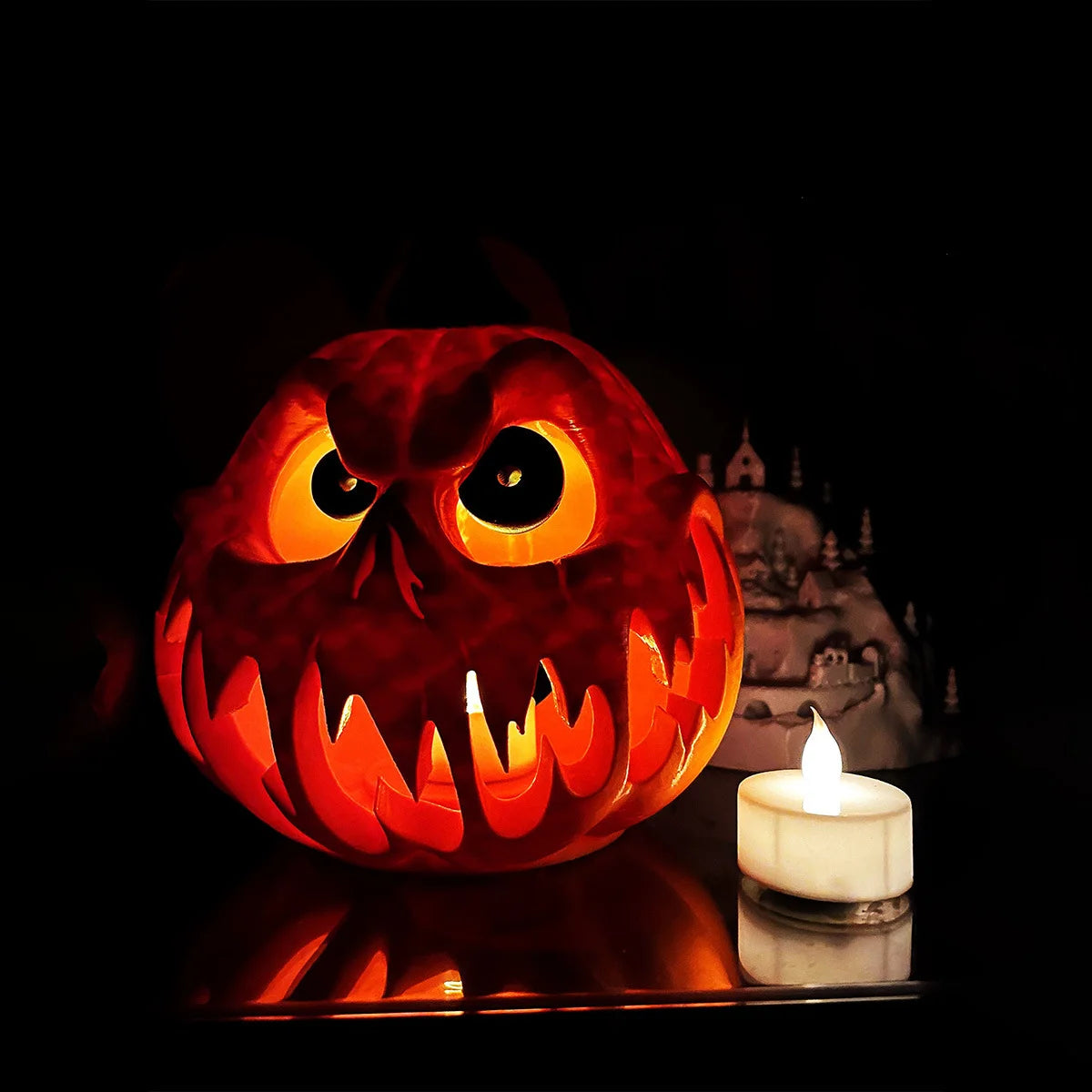 Giant Halloween Pumpkin Resin Decoration with White Electronic Candle Lights, Hollow Design Suitable for Indoor/Outdoor Holiday Decoration, Spooky Pumpkin Design | Carved Texture, Halloween Decorations