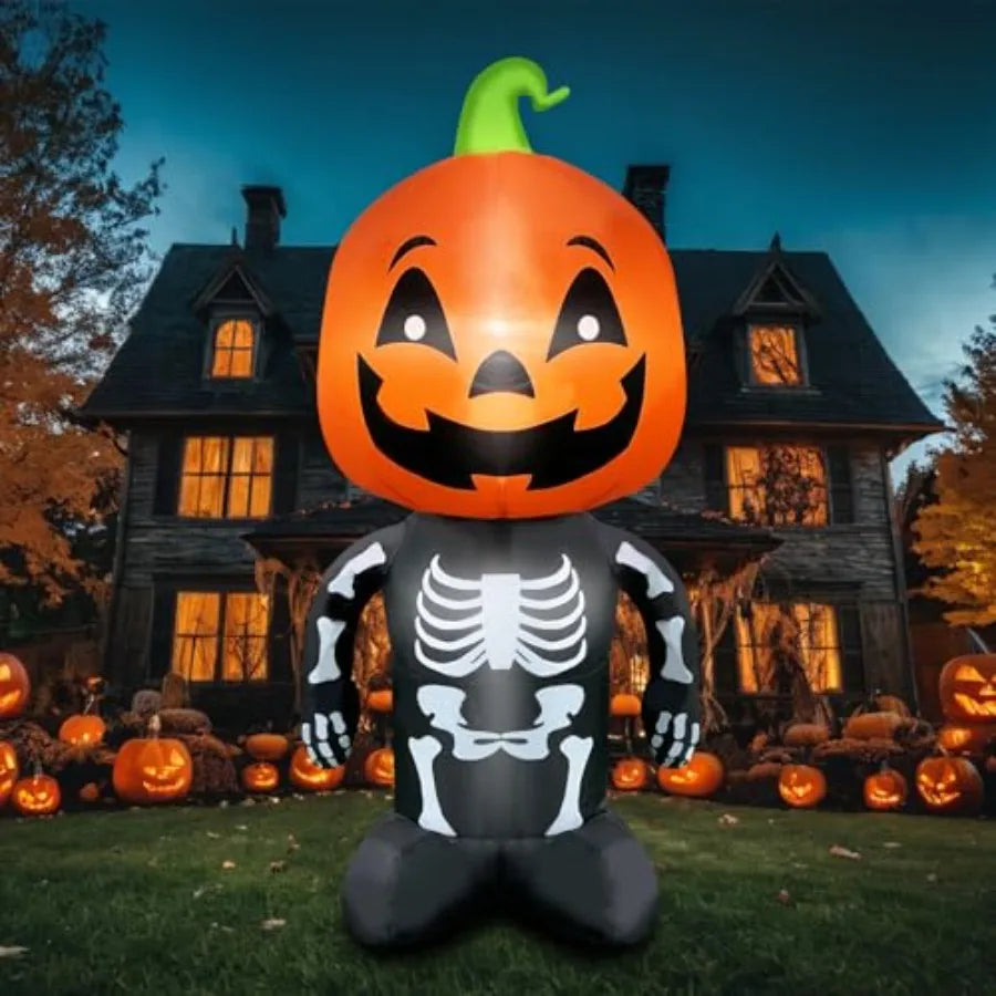 Halloween Inflatable 4FT Tall Skeleton with Pumpkin Head Lighted Blow Up Decoration Featuring a Smiling Face for Outdoor Lawn P