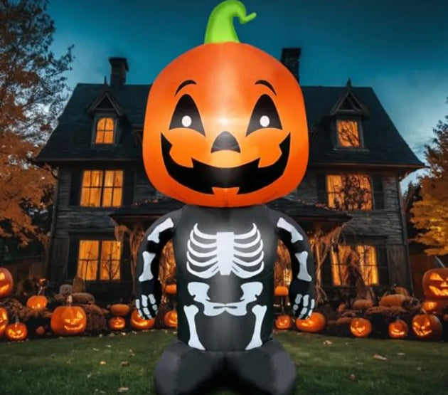 Halloween Inflatable 4FT Tall Skeleton with Pumpkin Head Lighted Blow Up Decoration Featuring a Smiling Face for Outdoor Lawn P