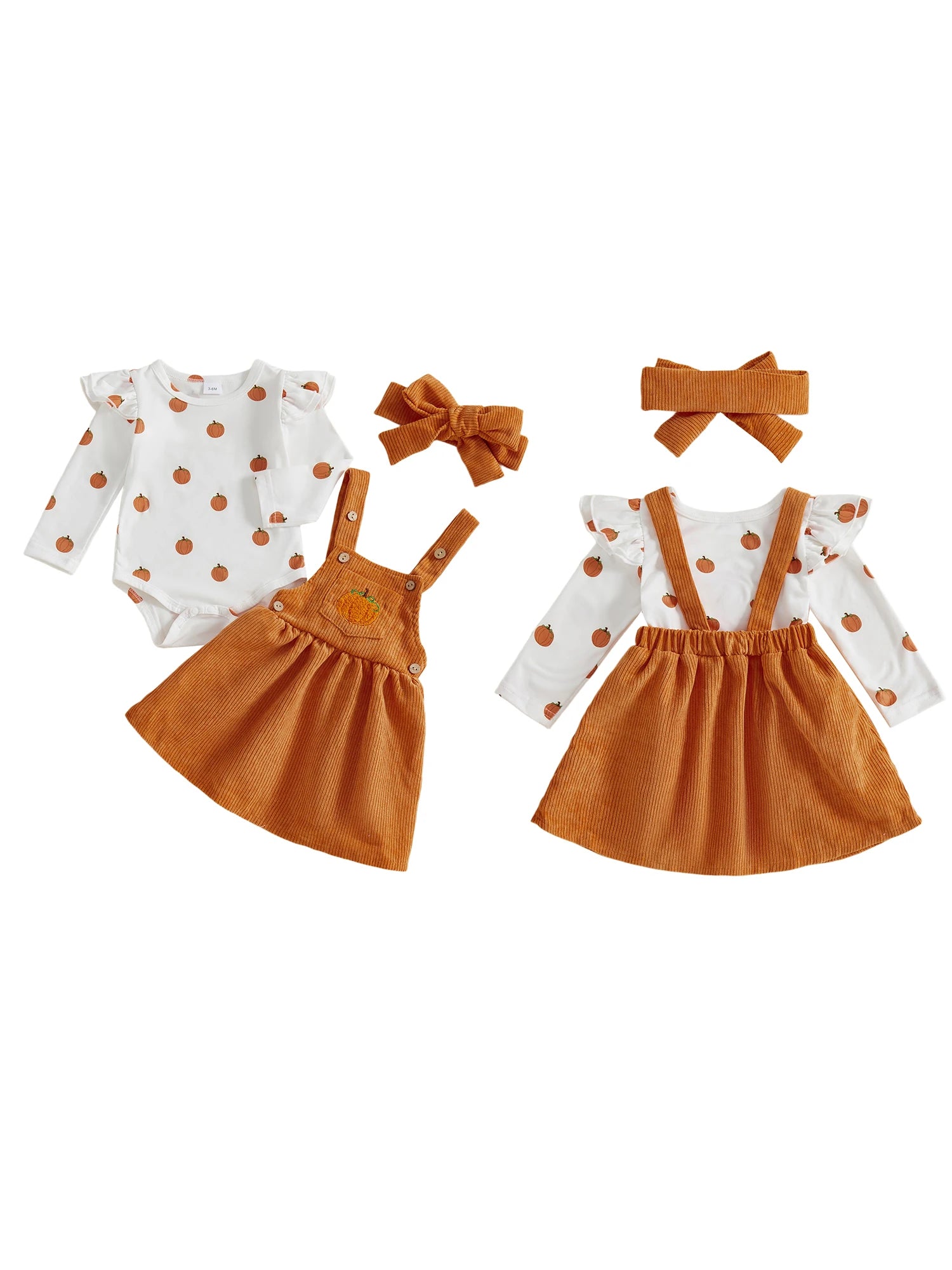 Adorable Toddler Girls Halloween Costume Set with Pumpkin Print Romper Suspender Dress and Headband - 3 Piece Outfit for Fall