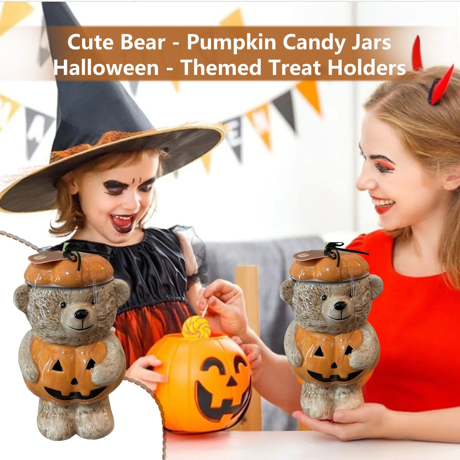 Bear-Shaped Halloween Cookie Jar with Lid - Multi-Purpose Decorative Storage for Candy, Kitchen Supplies, or Farmhouse Style
