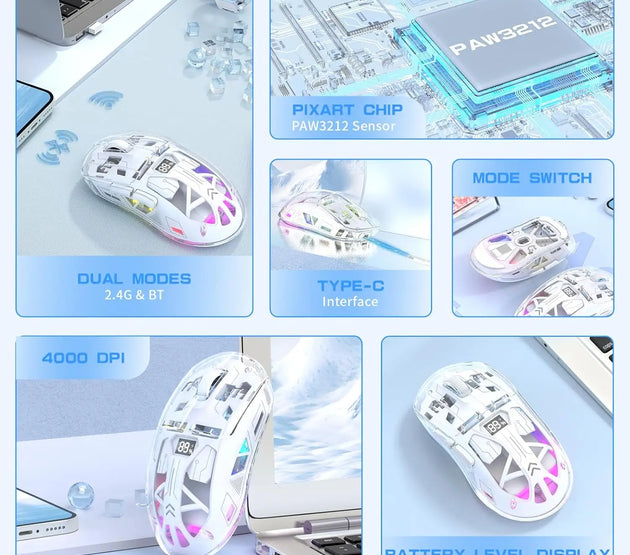 MAMBASNAKE x Freewolf A2 Transparent Wireless Gaming Mouse,Dual Mode BT 5.0/2.4G PC Gaming Mice