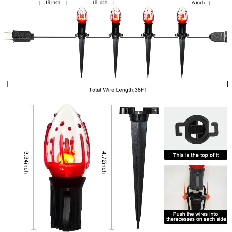 38Ft Halloween Pathway Lights C9 Flickering Flame String Lights with Stakes Waterproof Patio String Lights with 25 Flicker Ligh