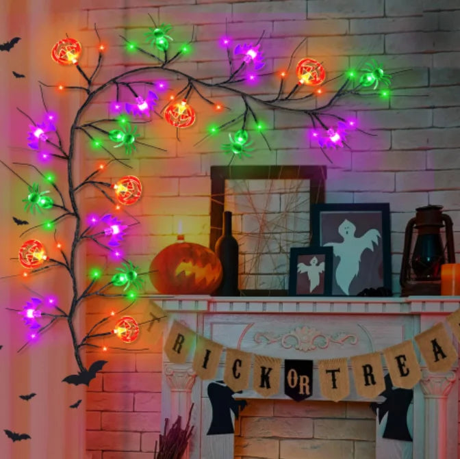 1.8m 54 LED Halloween Black Willow Vine String Lights With Bat Spider Pumpkin Decorative Lamp For Home Room Yard Halloween Decor