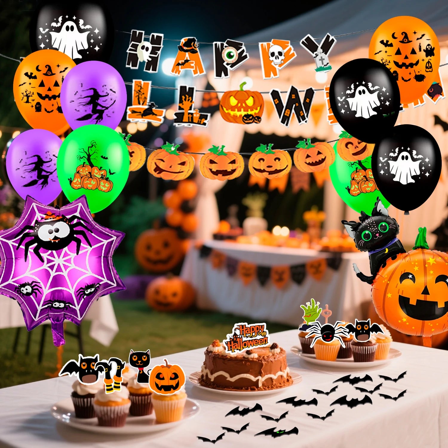 Halloween Party Supplies, 55 Pcs Halloween Party Kit-Happy Halloween Banner Balloons Cake Topper etc Happy Halloween Decorations