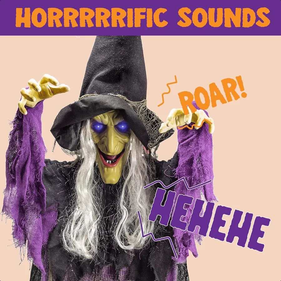 JOYIN 72 Halloween Hanging Witch Decorations Outdoor Flying Talking Ghost Decor Light Up Eyes Sound Activated Outside Indoor Ha