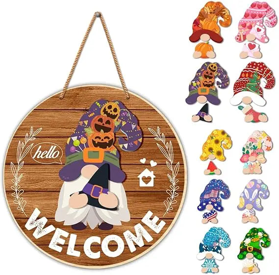 Interchangeable Gnome Welcome Sign Halloween Door Decorations Summer Fall Changeable Wooden Gnomes Front Porch Decor Wall Hangin