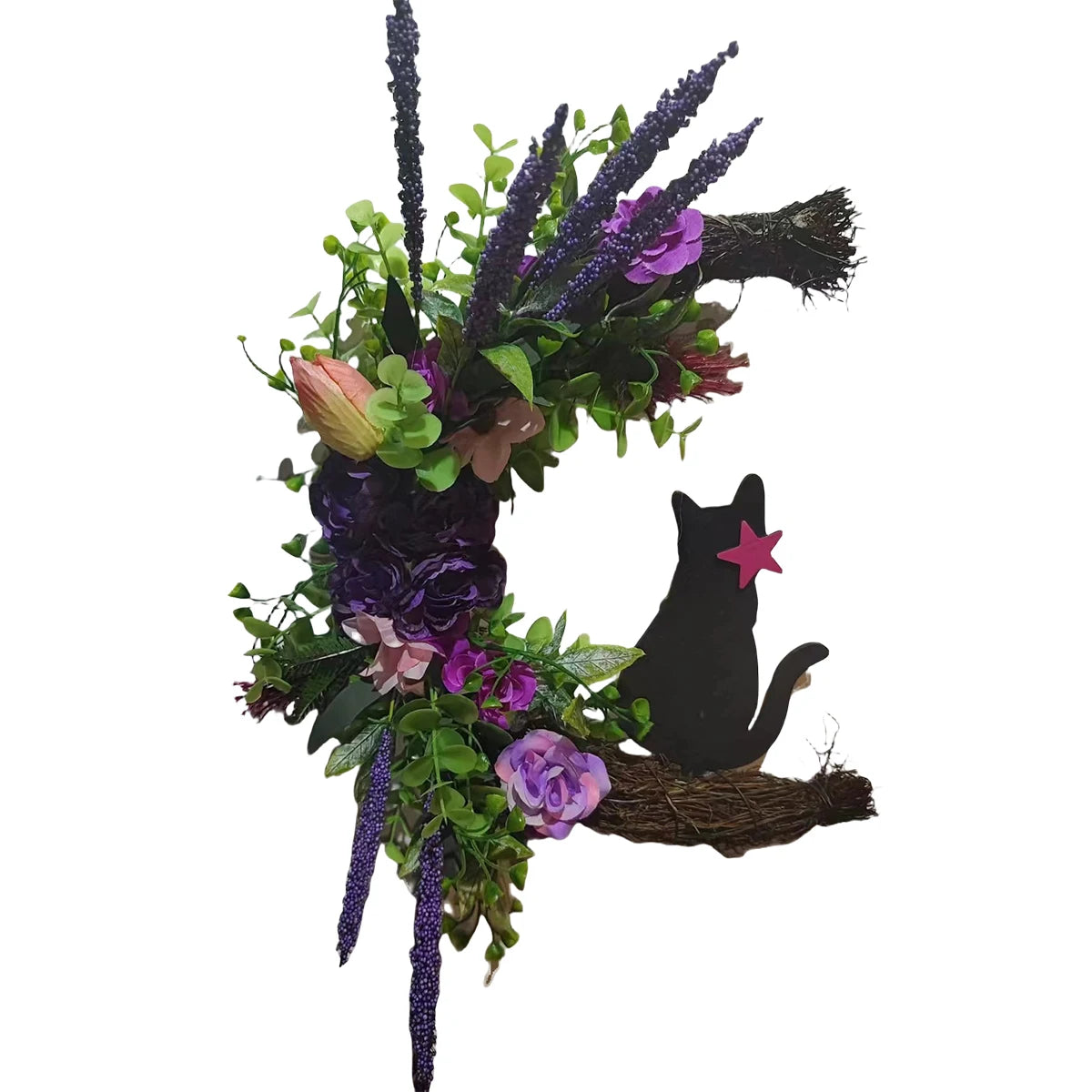 Halloween Moon Cat Wreath, 11.81 Inch Moon Shape Artificial Flower Wreath with Cat, Halloween Wreath for Front Door Wall