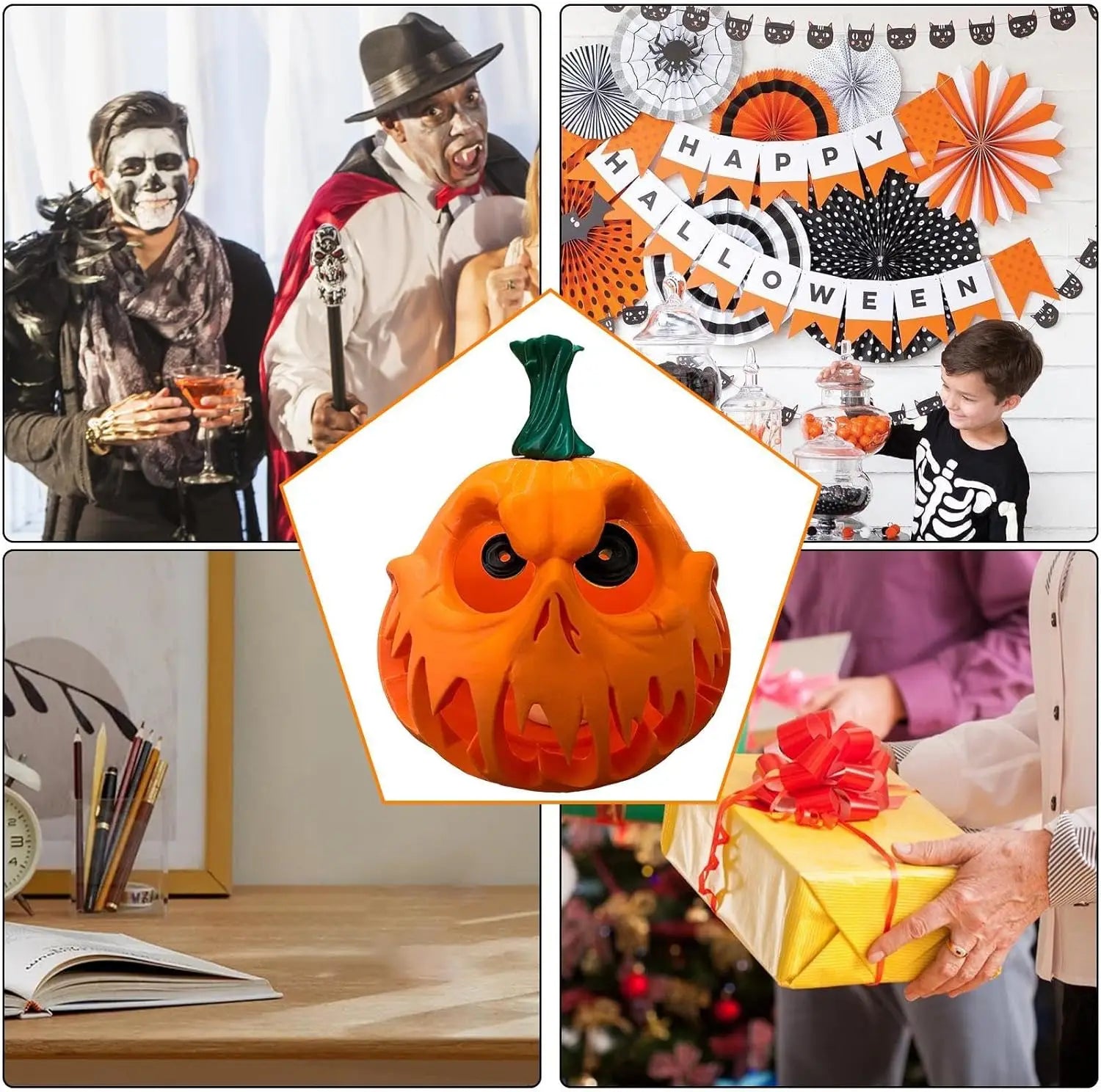 Giant Halloween Pumpkin Resin Decoration with White Electronic Candle Lights, Hollow Design Suitable for Indoor/Outdoor Holiday Decoration, Spooky Pumpkin Design | Carved Texture, Halloween Decorations