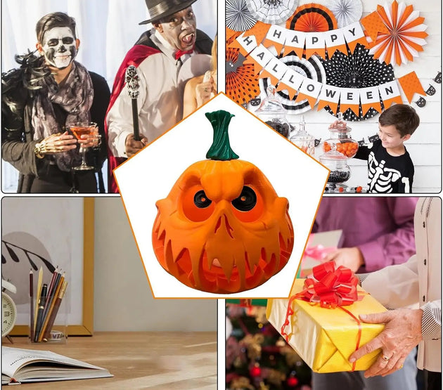 Giant Halloween Pumpkin Resin Decoration with White Electronic Candle Lights, Hollow Design Suitable for Indoor/Outdoor Holiday Decoration, Spooky Pumpkin Design | Carved Texture, Halloween Decorations